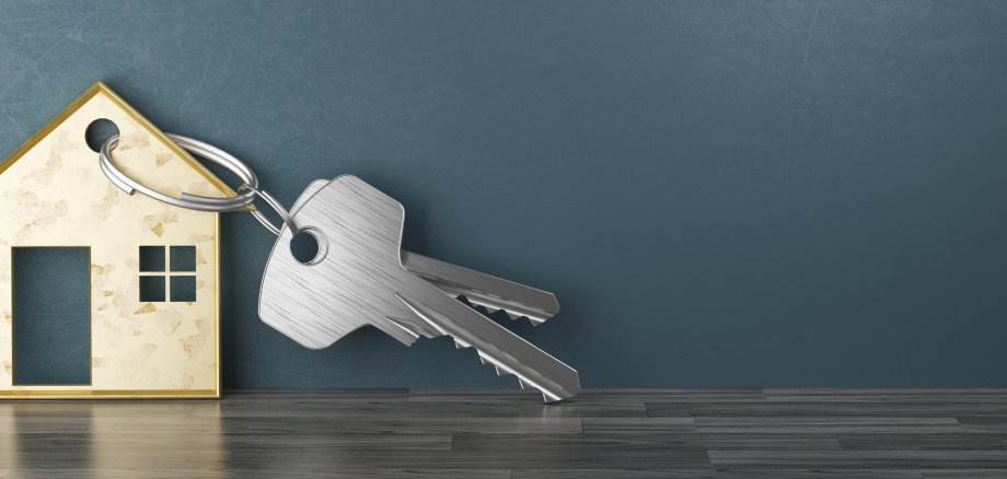 House keys on blue background, 3d rendering