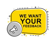 We want your feedback banner with megaphone and laptop. Advertising, marketing.