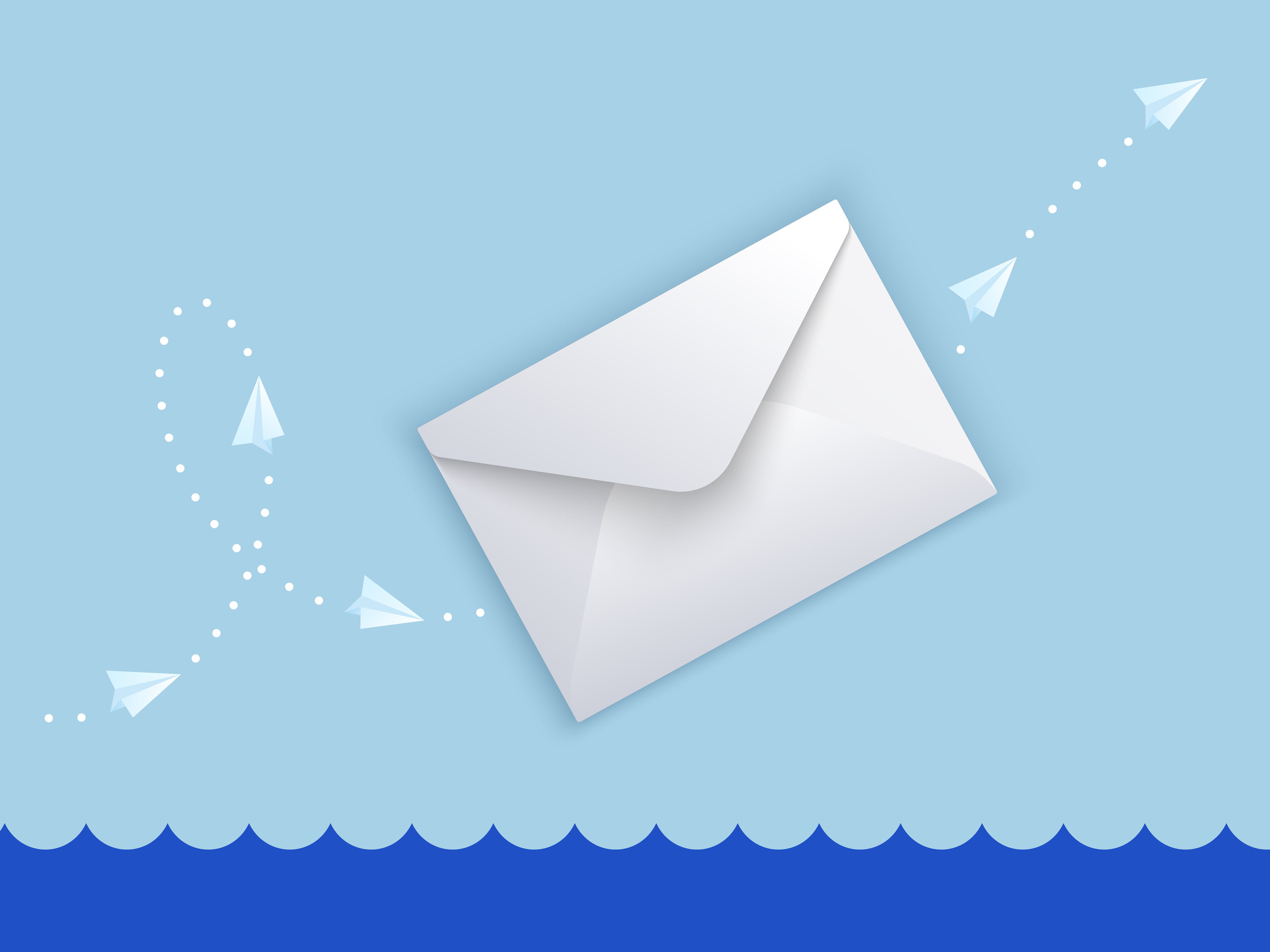 Vector illustration of white flying envelope with direction indicated by white points and planes. Mail delivery concept Vector illustration of white flying envelope with direction indicated by white points and planes. Mail delivery concept