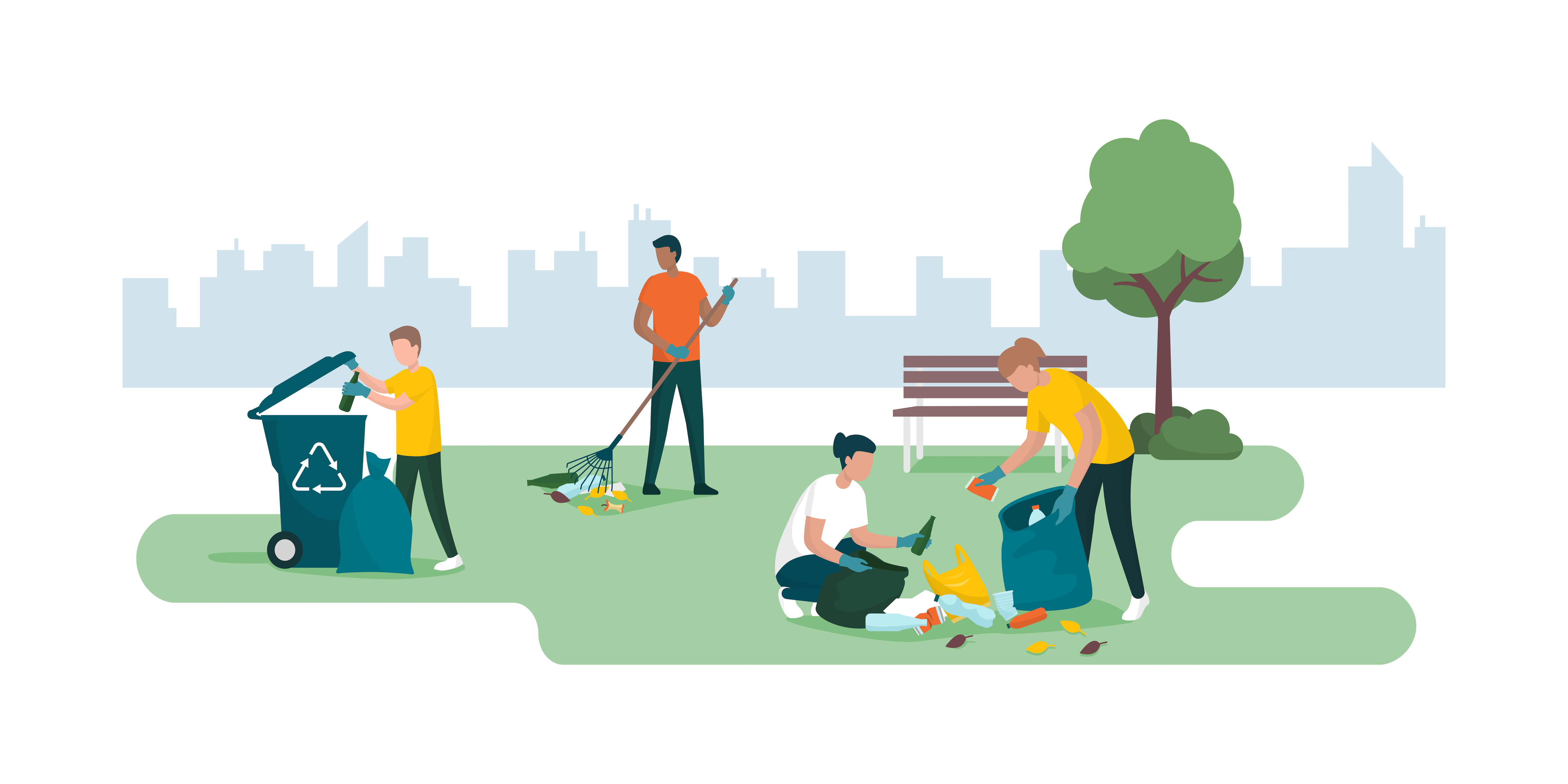People cleaning a city park together and collecting waste People cleaning a city park together and collecting waste