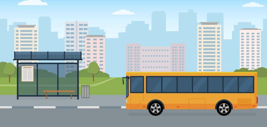 Bus and bus stop on modern city background. Concept of public transport. Panoramic view.