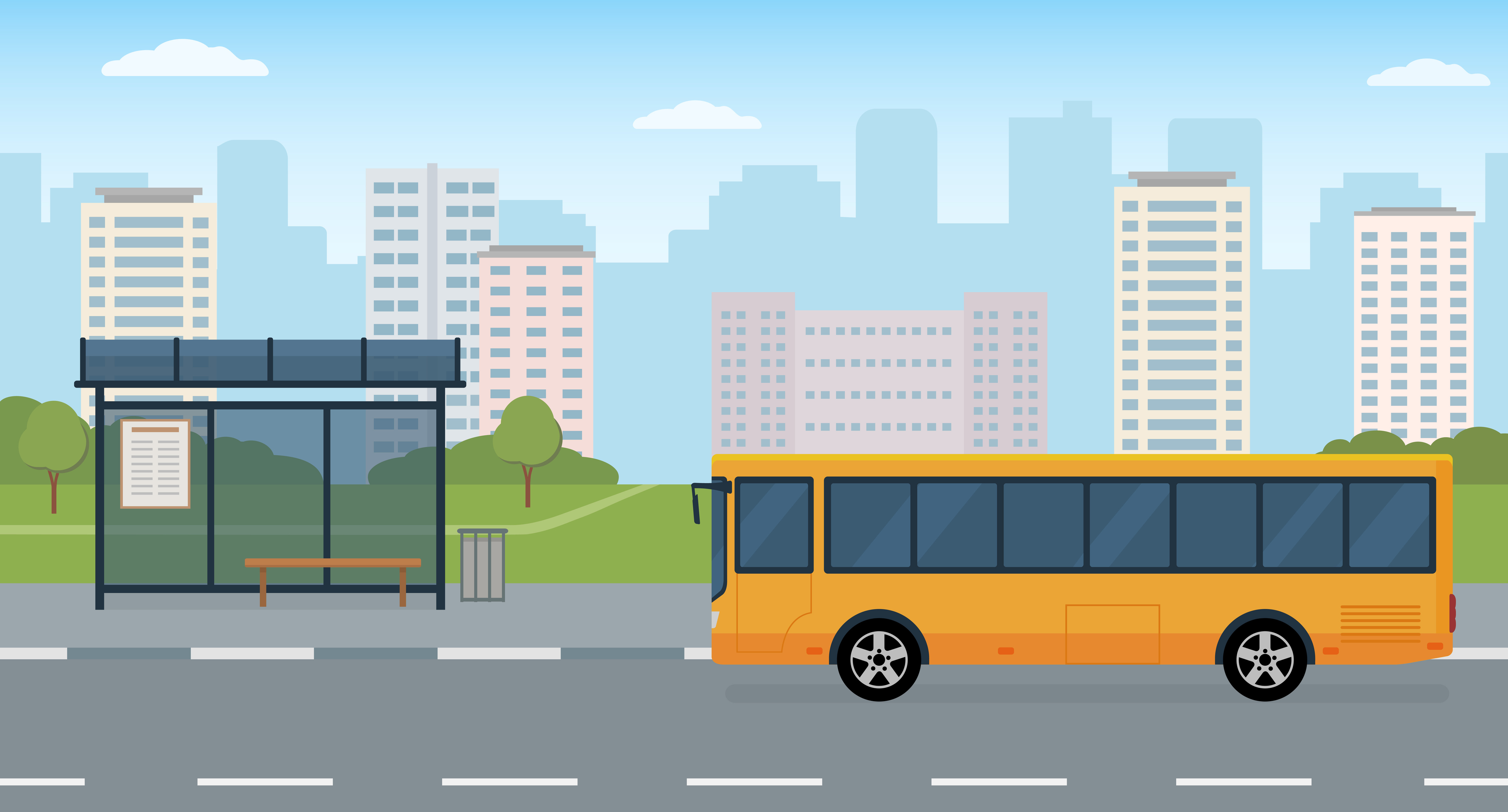 Bus and bus stop on modern city background. Concept of public transport. Panoramic view. Bus and bus stop on modern city background. Concept of public transport. Panoramic view.