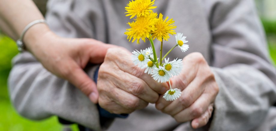 Elderly care - hands, bouquet