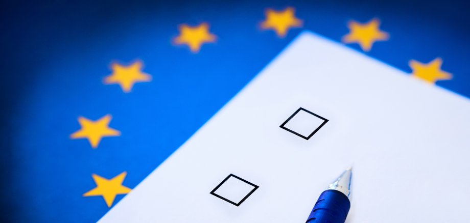 Voting card against the background of the European Union flag.