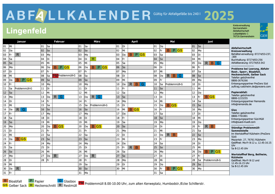 Abfallkalender für das Jahr 2025 | Verbandsgemeinde Lingenfeld
