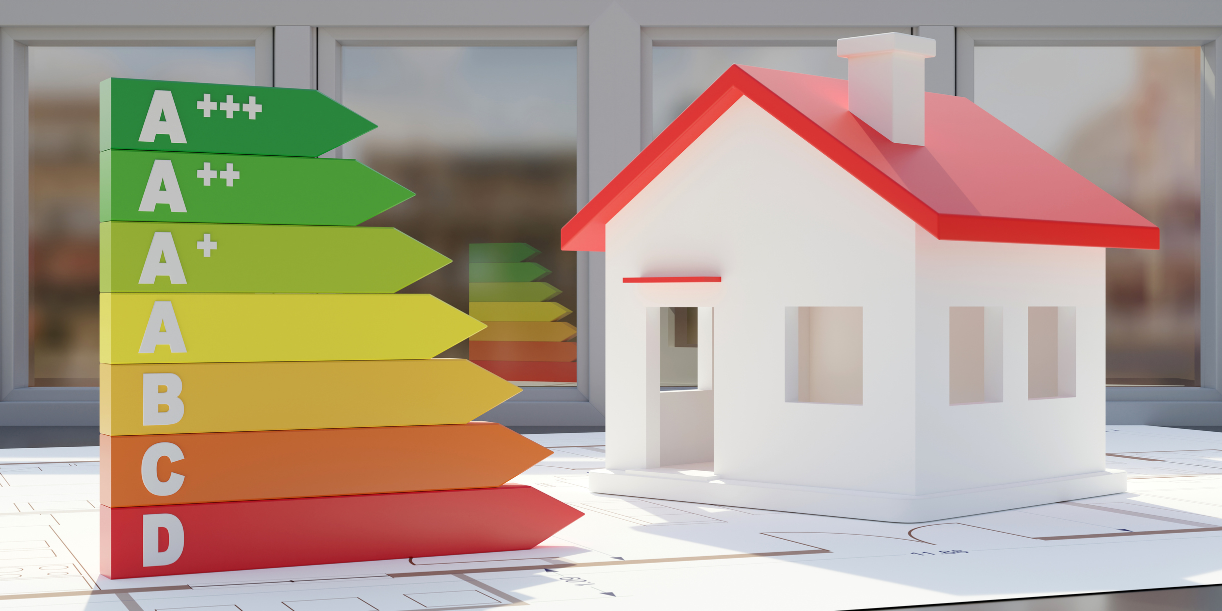 Energy Efficiency Label, small house on blueprint drawing on energy glass background. 3d render Energy Efficiency Label, small house on blueprint drawing on energy glass background. 3d render