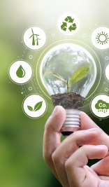 ESG Banners - Environment, Society and Governance hand holding light bulb with renewable energy icon Revolving Revenue