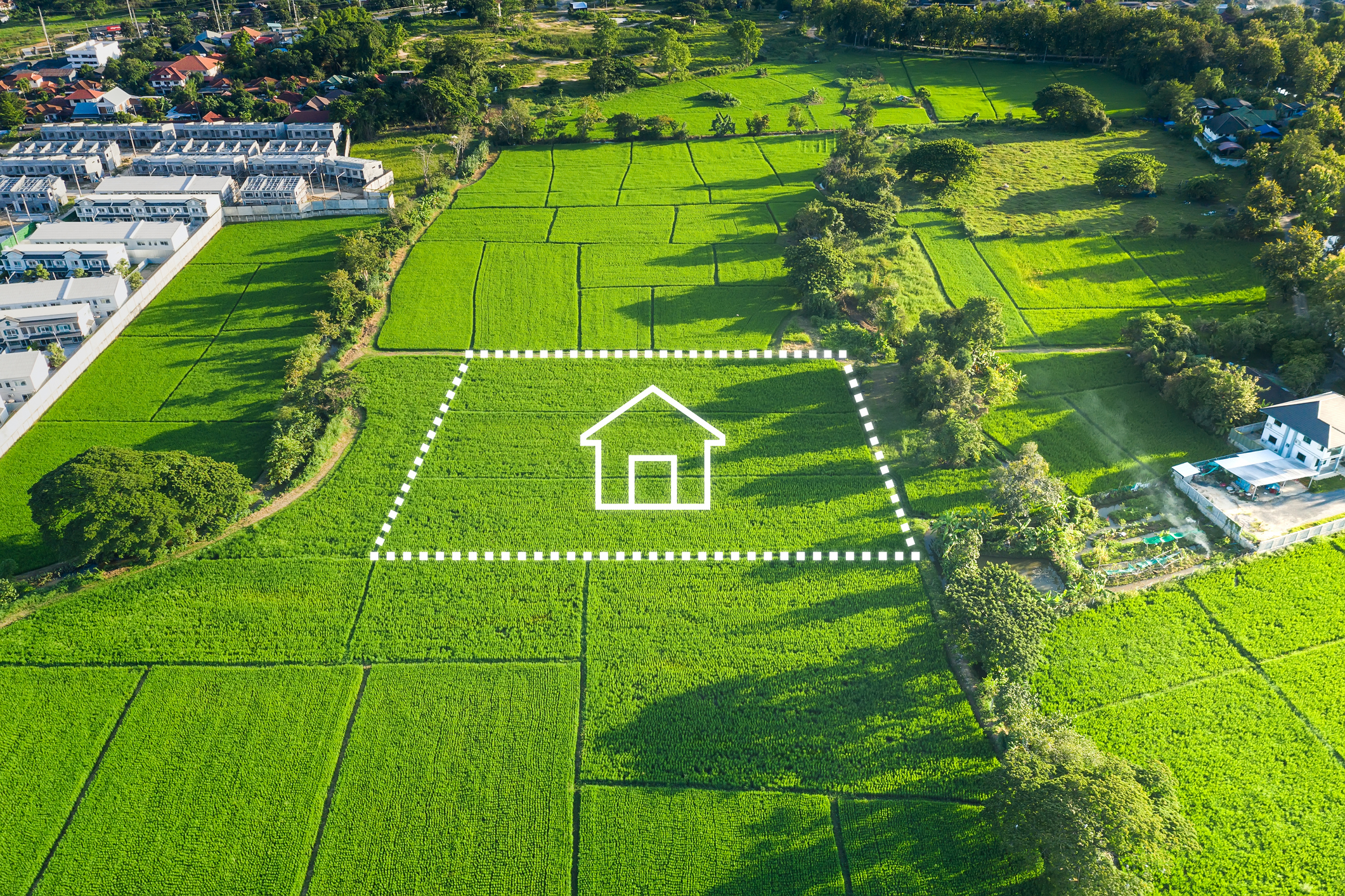 Land or landscape of green field in aerial view and home or house icon. Land or landscape of green field in aerial view and home or house icon.