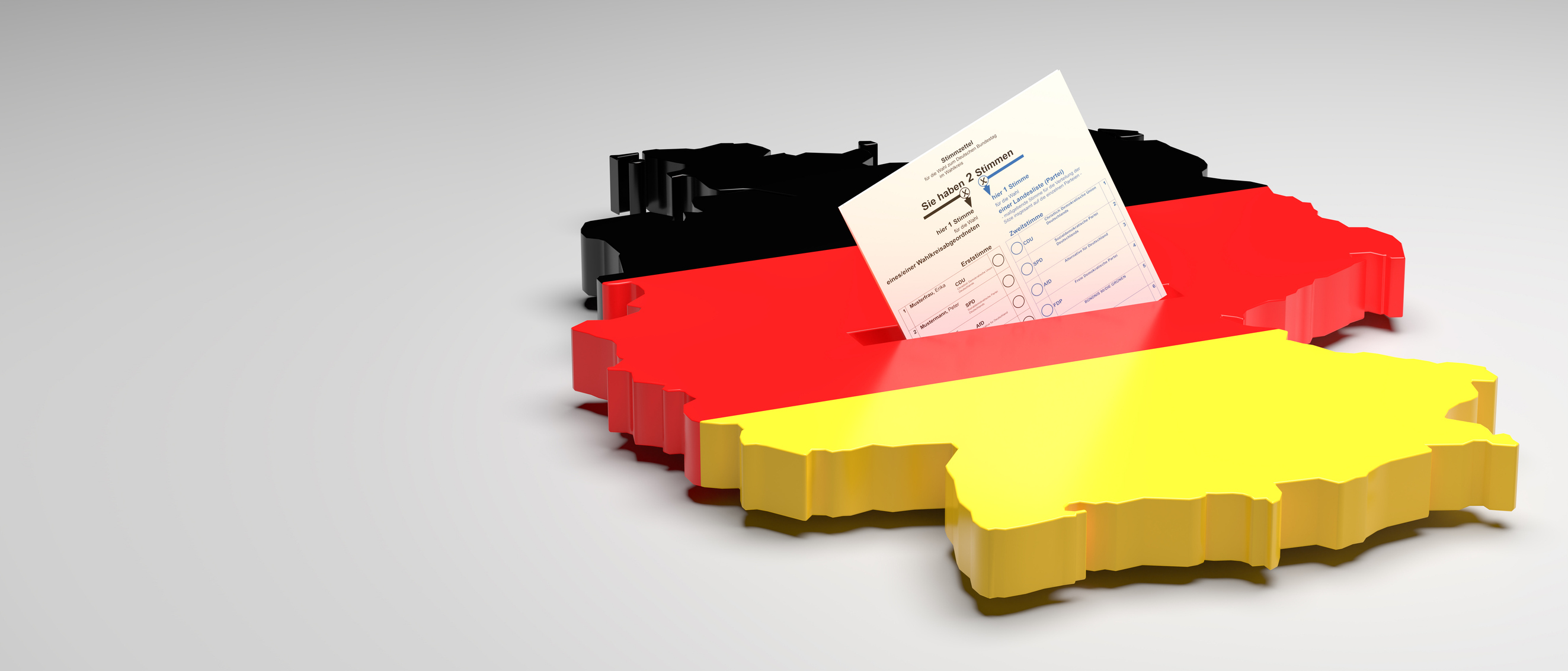 Elections in Germany. A sample ballot paper for the election to the Bundestag in the slit of a ballot box in the form of the German map with the German flag. 3d render, gray background, copy space Elections in Germany. A sample ballot paper for the election to the Bundestag in the slit of a ballot box in the form of the German map with the German flag. 3d render, gray background, copy space
