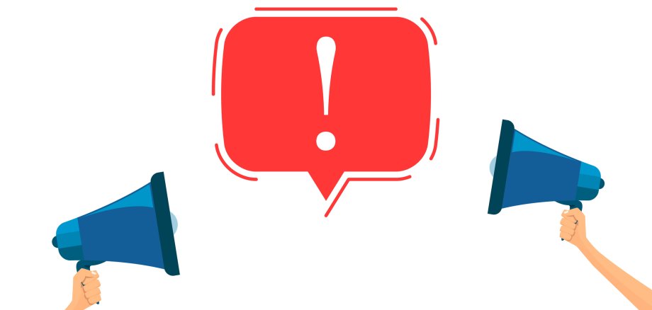 Two person hand holding megaphone with bubble important message. Loudspeaker symbol. Vector illustration in cartoon design