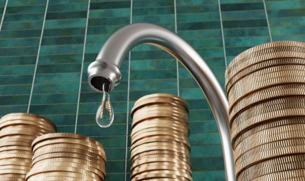 Water droplet dripping from a kitchen water tap surrounded by stacks of gold coins with green rectangular tiles as background. Illustration of the relationship between pipe leakage and money