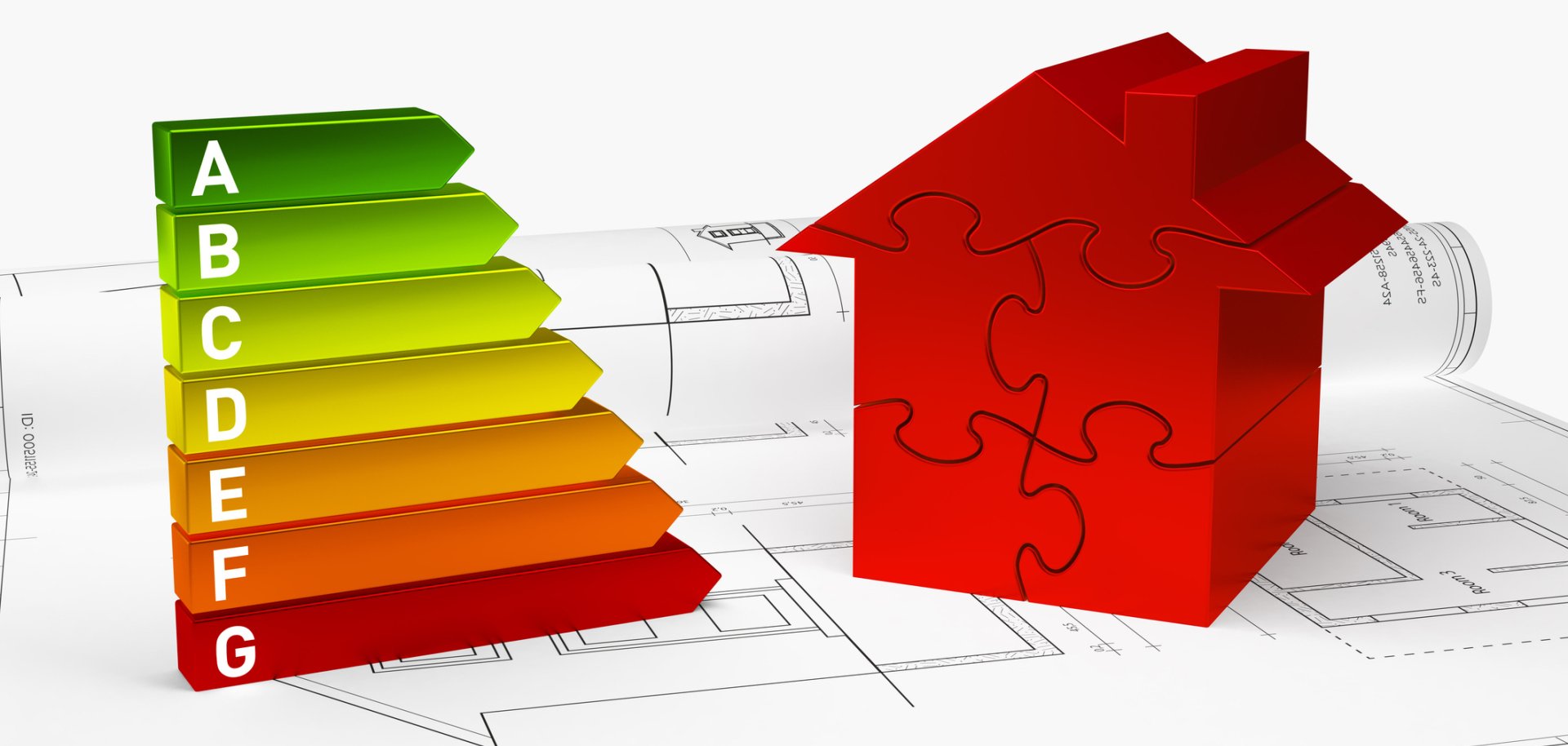3D abstract red puzzle house class rating bar on blueprint 3D abstract red puzzle house class rating bar on blueprint