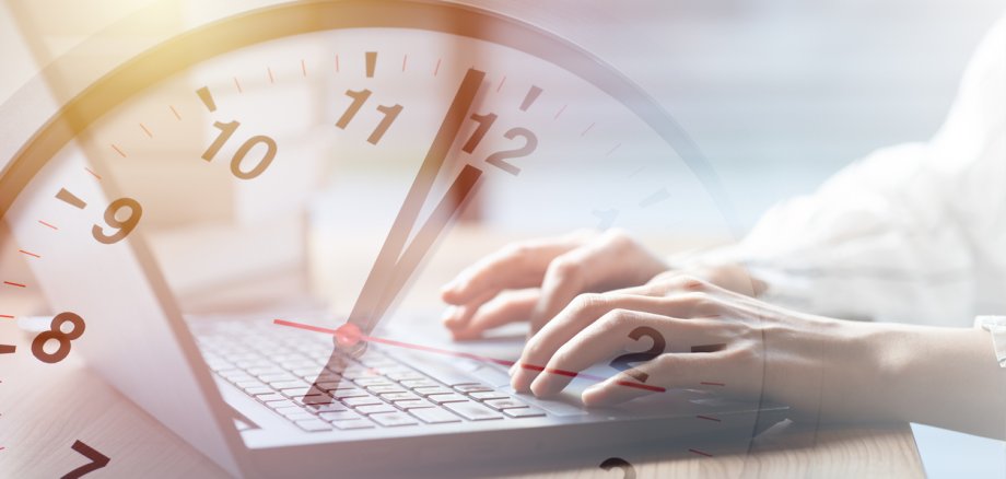 Business working times concept people work typing on laptop computer overlay with in time clock to lunch break