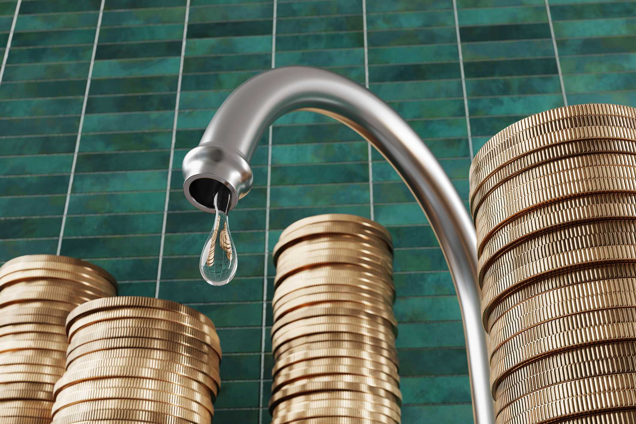 Water droplet dripping from a kitchen water tap surrounded by stacks of gold coins with green rectangular tiles as background. Illustration of the relationship between pipe leakage and money