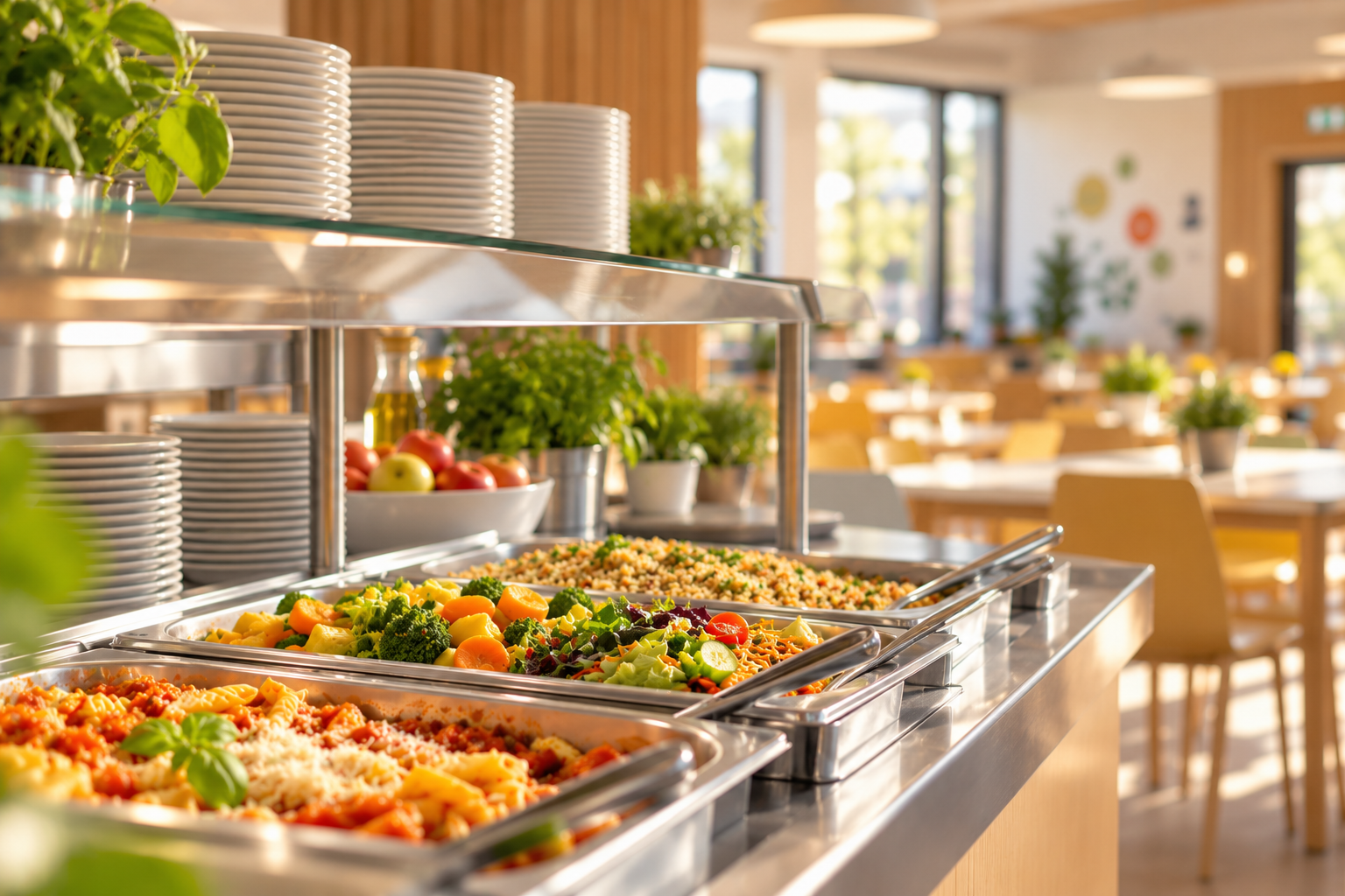 Neue Mensa für Grundschule und Kita Einladender Mensabereich mit einem Buffet aus verschiedenen Speisen, darunter Gemüse, Salat und Getreidegerichte. Daneben stehen Teller bereit. Im Hintergrund sind unscharf helle Sitzbereiche, Holzmöbel und Pflanzen zu erkennen. Es sind keine Personen zu sehen.