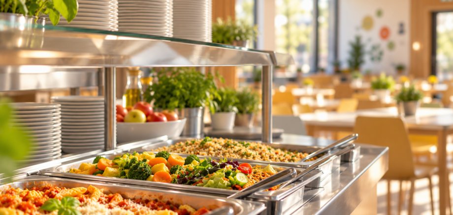 Neue Mensa für Grundschule und Kita Einladender Mensabereich mit einem Buffet aus verschiedenen Speisen, darunter Gemüse, Salat und Getreidegerichte. Daneben stehen Teller bereit. Im Hintergrund sind unscharf helle Sitzbereiche, Holzmöbel und Pflanzen zu erkennen. Es sind keine Personen zu sehen.