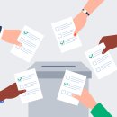 Different people voting. Hands are putting paper ballots to the election box. Democratic election.