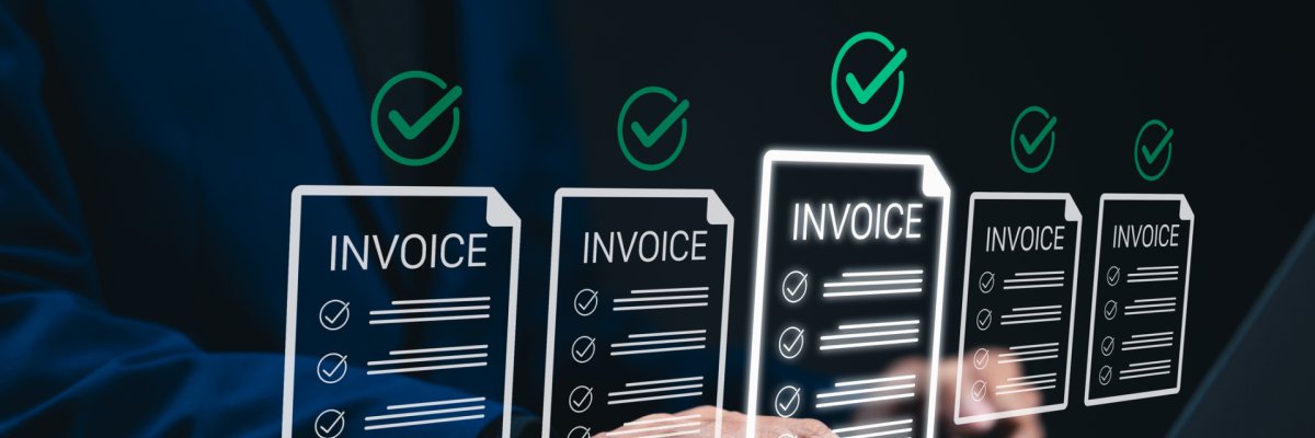 Digital Invoice Approval and Financial Automation Concept. Businessman using laptop with E-invoices and checkmarks, representing electronic billing, invoice approval, and automated financial workflow.