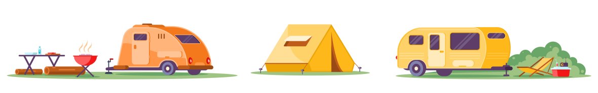 Collection different camping caravan transportation vector flat illustration. Travel car with tent